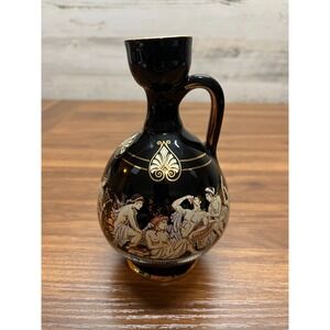 Vintage Black Terracotta 24K Gold Hand Made Vase Greek Design Mythological Scene
